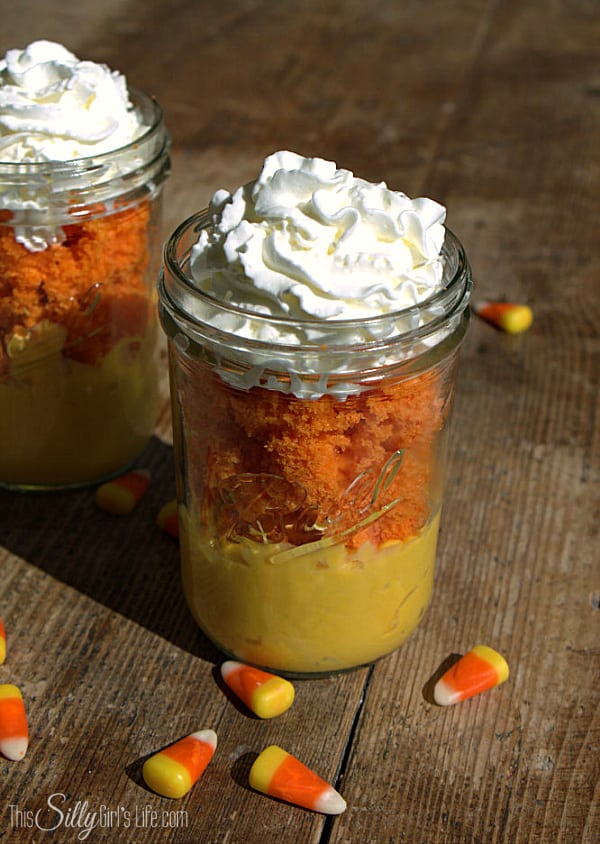 Candy Corn Trifle, layers of pudding, cake and whipped cream to make an easy, festive Fall dessert! - ThisSillyGirlsLife.com #SnackPackMixins #shop