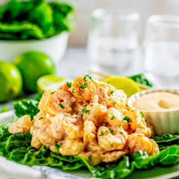 Side view of Chipotle Bang Bang Shrimp over lettuce with dipping sauce.