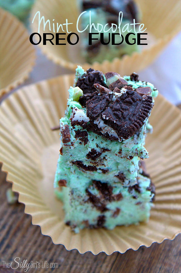 Mint Chocolate Oreo Fudge, creamy homemade white chocolate fudge loaded with Oreos and Andes mint pieces! - ThisSillyGirlsLife.com #OreoFudge
