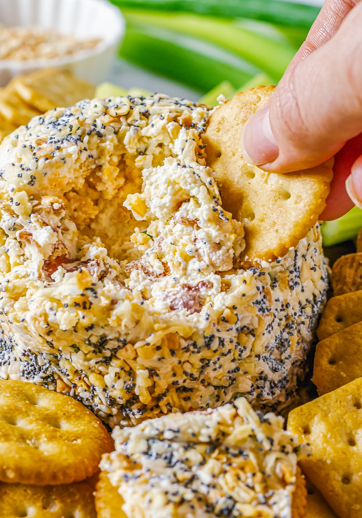 Hand dipping cracker into Everything Cheese Ball Recipe.