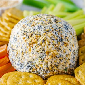 Square image of finished Everything Cheese Ball Recipe.