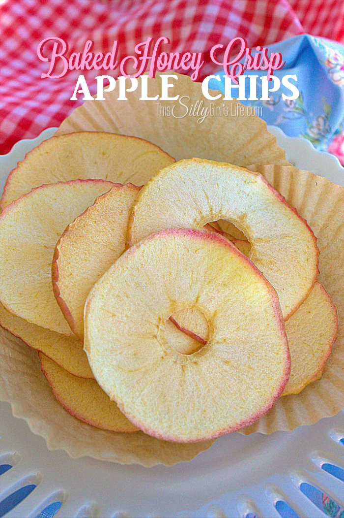 Baked Honey Crisp Apple Chips, thinly sliced and baked to a crispy, delicious, sweet and healthy snack! - ThisSillyGirlsLife.com 
