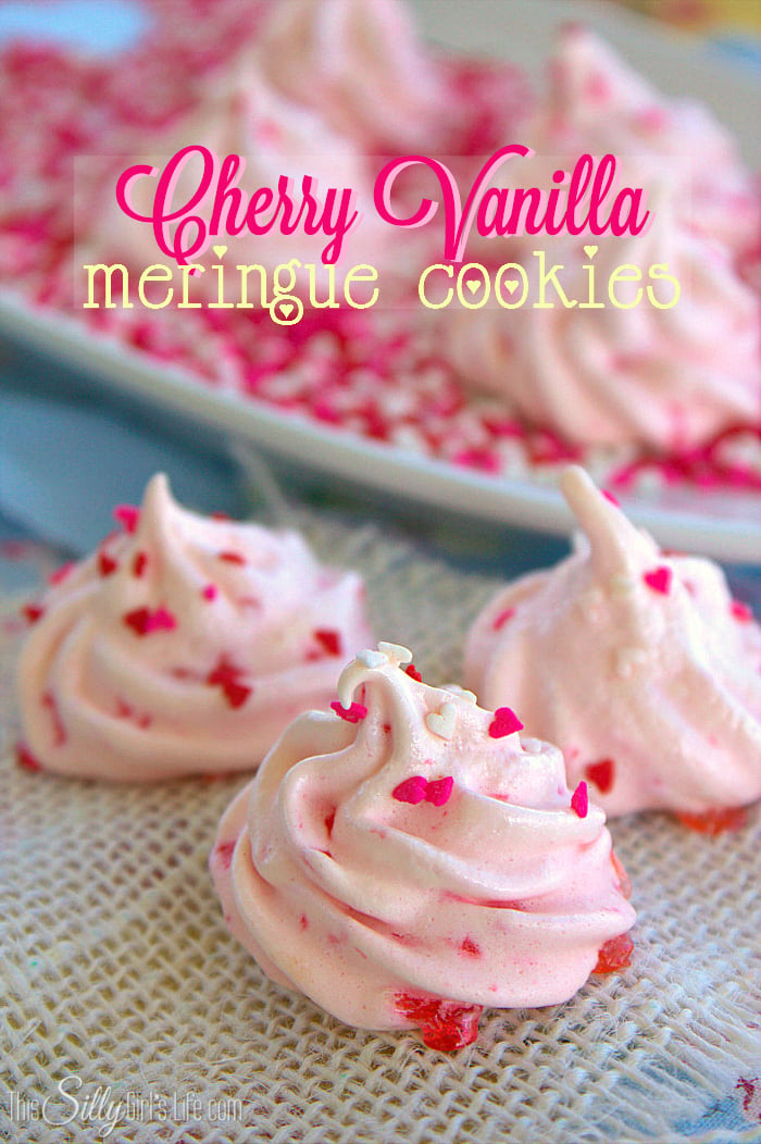 Cherry Vanilla Meringue Cookies, light and airy cookies with a classic flavor combo, studded with maraschino cherries! - ThisSillyGirlsLife.com