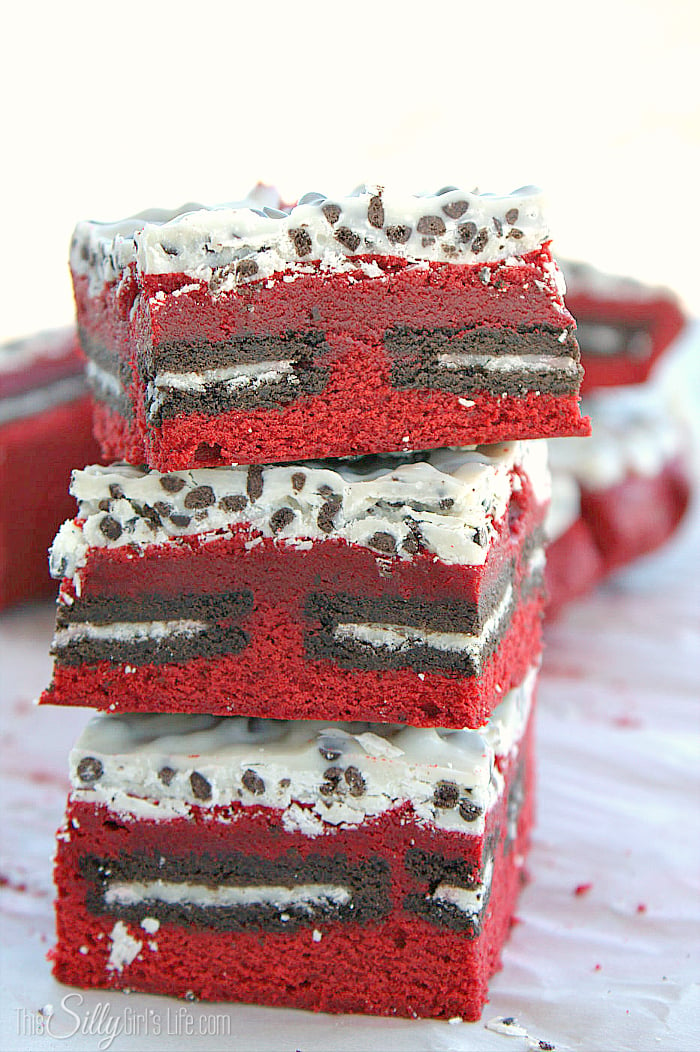 Close up of stacked Red Velvet Brownies