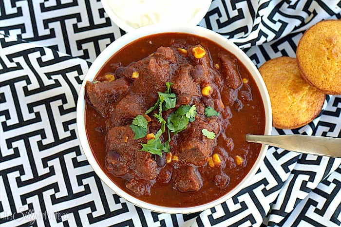 Chunky Beef Chili, big, tender chunks of beef simmered for hours with corn and black beans. Warm and comforting, perfect for cold winter nights! - ThisSillyGirlsLife.com