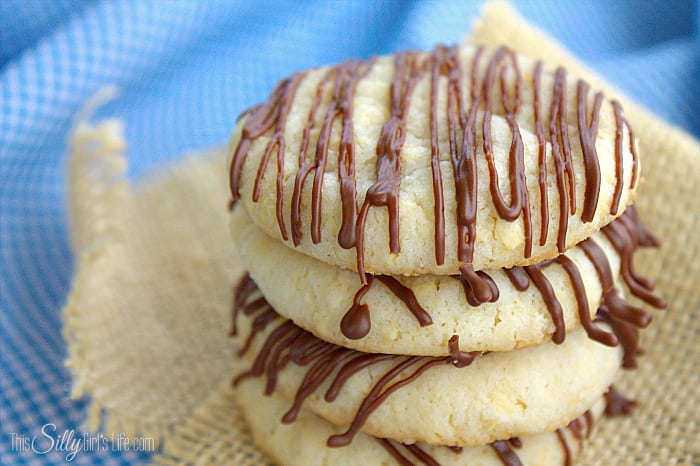 Potato Chip Cookies close up showing chocolate drizzle.