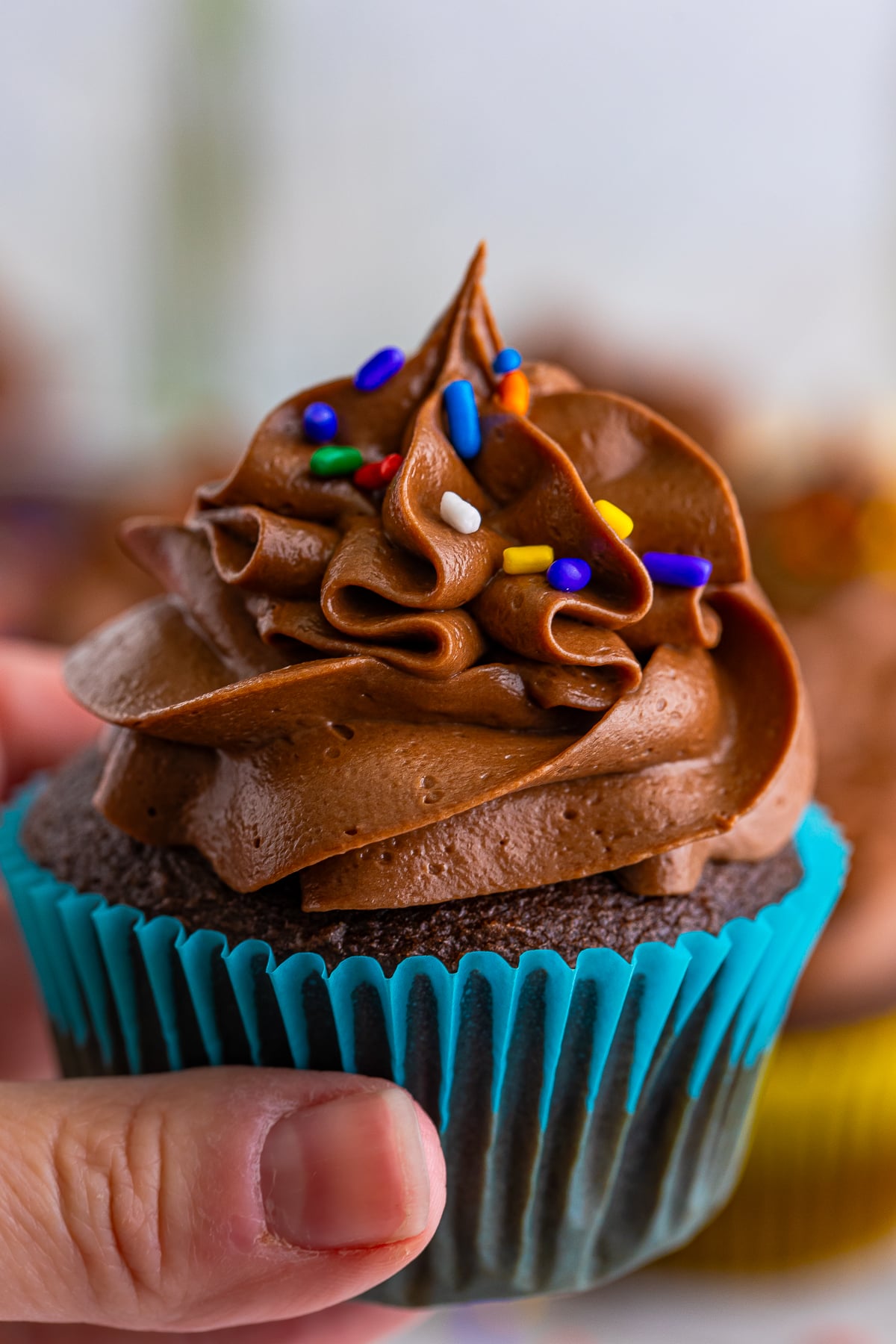 a hand holding up a cupcake with Chocolate Buttercream Frosting on top