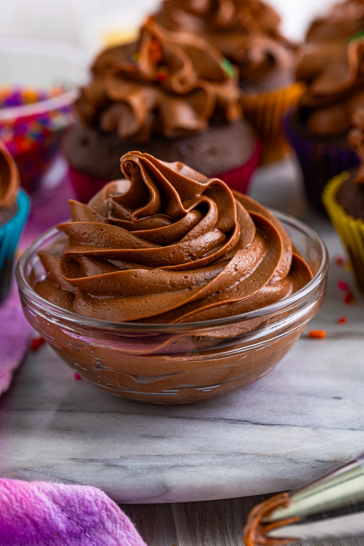 Chocolate Buttercream Frosting piped into a small bowl