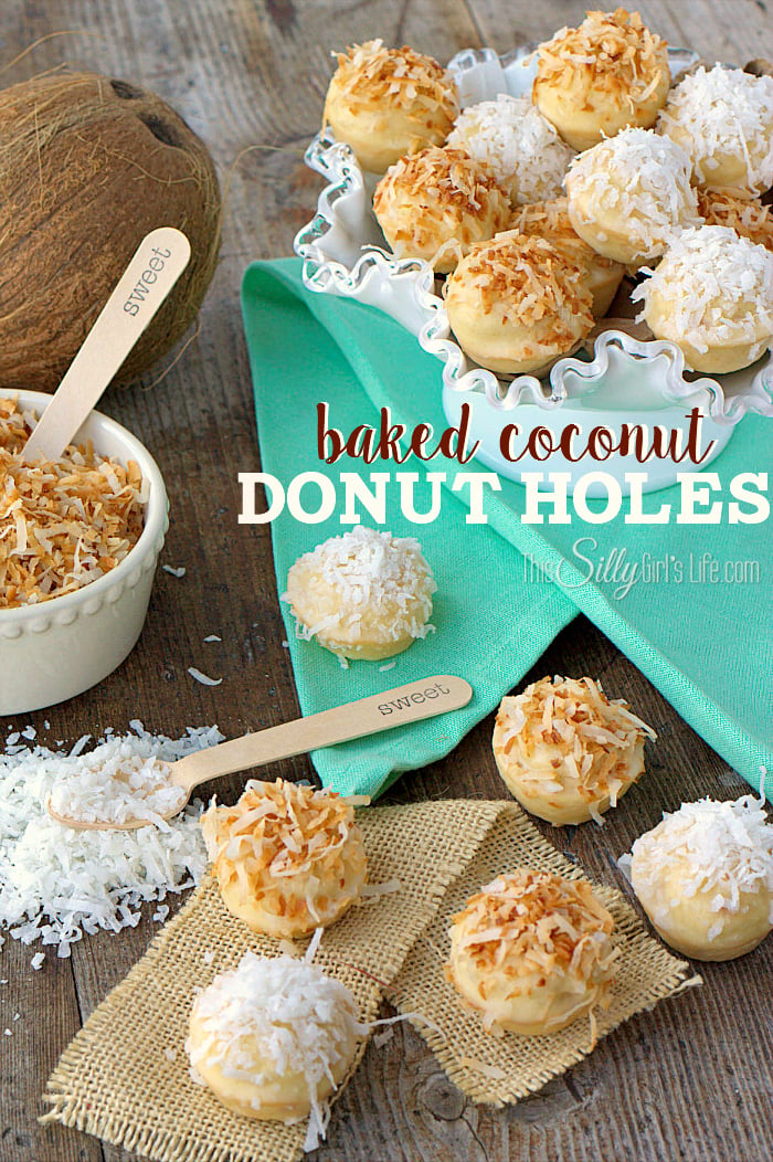 Baked Coconut Donut Holes {Fluffy Bunny Tails}, perfect for Easter, toasted coconut donut holes baked in a mini muffin tins, dipped in decadent vanilla glaze and topped with more coconut to mimic fluffy bunny tails! - ThisSillyGirlsLife.com