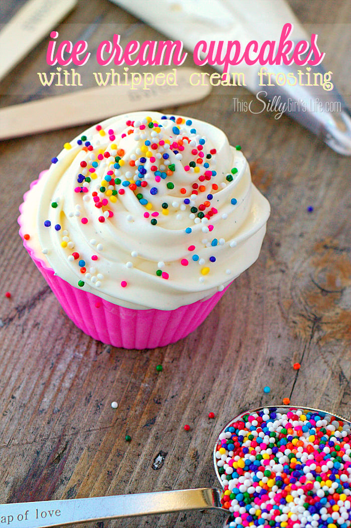 Ice Cream Cupcakes with Whipped Cream Frosting, using Old Fashion Vanilla Custard and whipped cream frosting, these cute ice cream cupcakes will make anyone smile! - ThisSillyGirlsLife.com #FrozenCustardTime #Ad 