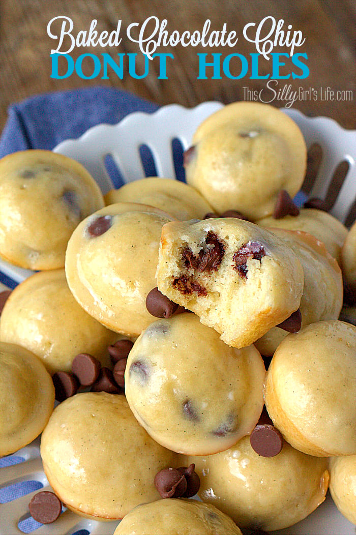 Baked Chocolate Chip Donut Holes, mini donuts baked in a muffin tin, loaded with chocolate chips with a vanilla glaze! - ThisSillyGirlsLife.com #DonutHoles