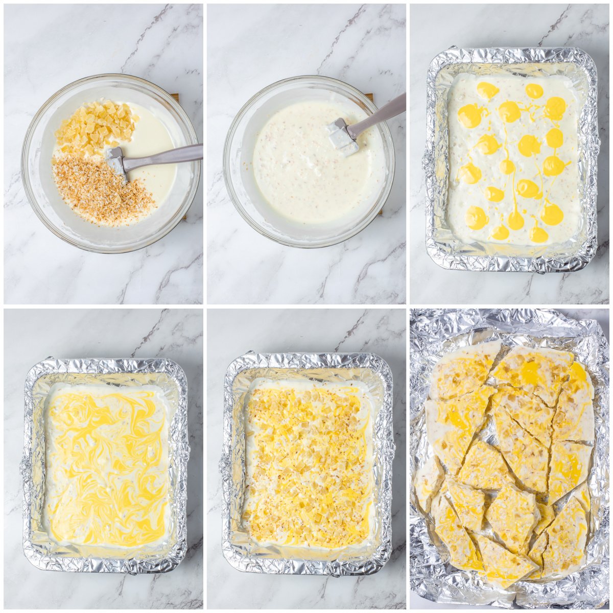 Step by step photos on how to make Pina Colada Bark