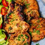 Close up overhead of Herb Marinated Pork Chops on plate
