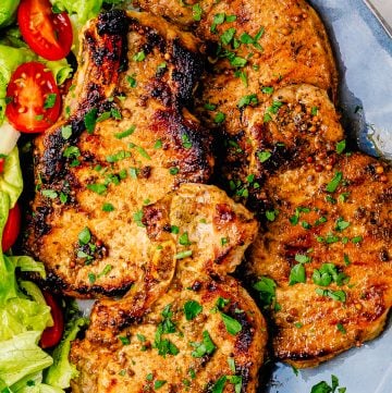 Close up overhead of Herb Marinated Pork Chops on plate