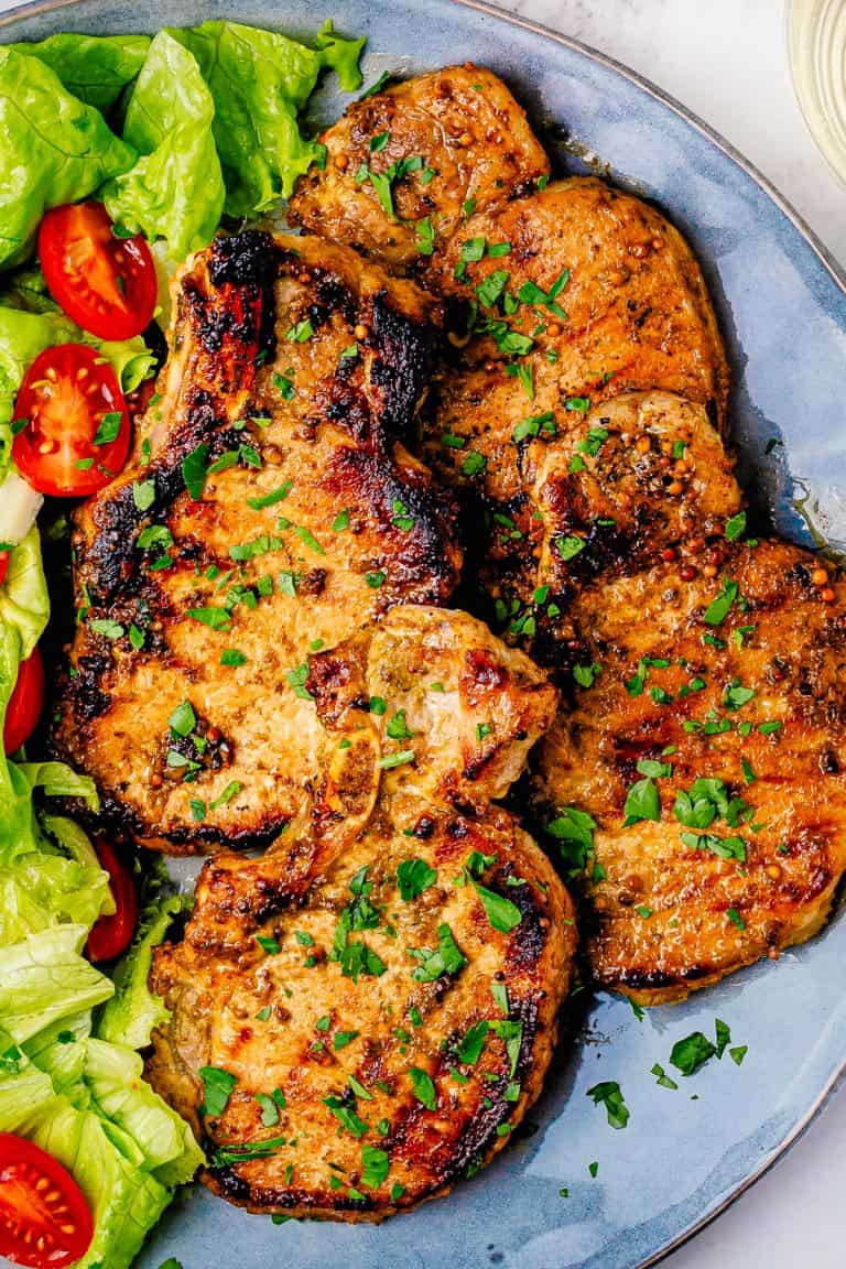 Close up overhead of Herb Marinated Pork Chops on plate