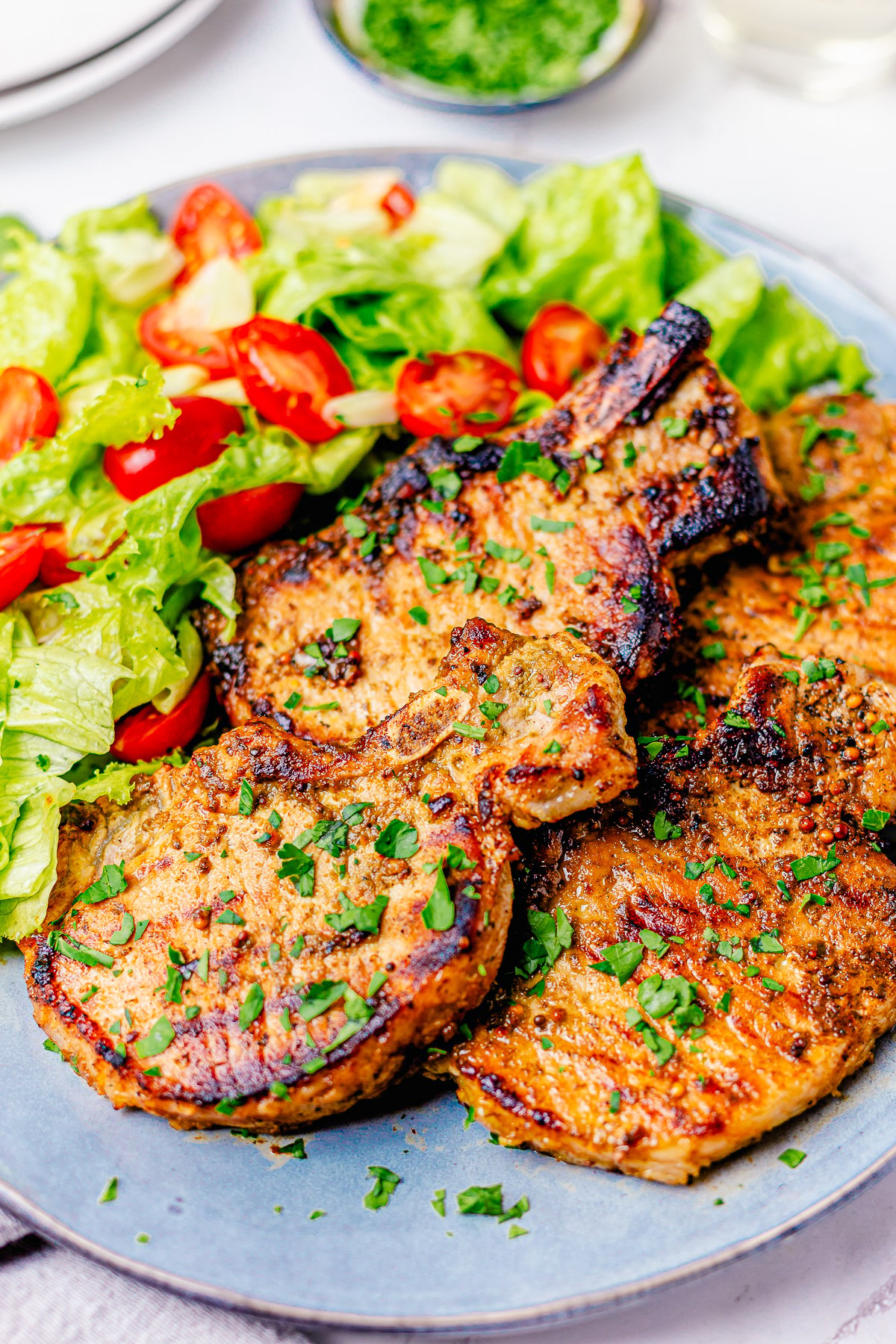 Two Grilled Pork Chops on plate with salad 