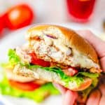 Hand holding up sandwich with bite taken out
