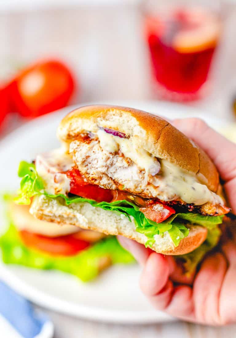 Hand holding up sandwich with bite taken out