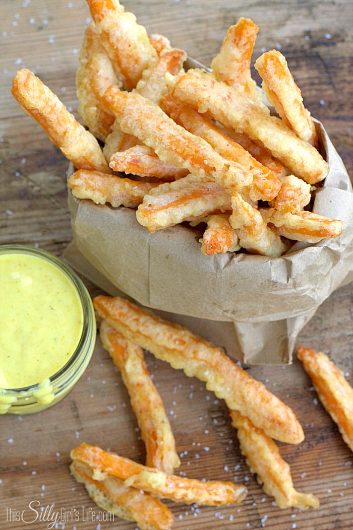 Coconut Tempura Sweet Potato Fries with Curry Aioli, frozen sweet potato fries, dipped in a light and crispy tempura batter and served with an amazing aioli sauce. #SpringIntoFlavor #ad - ThisSillyGirlsLife.com