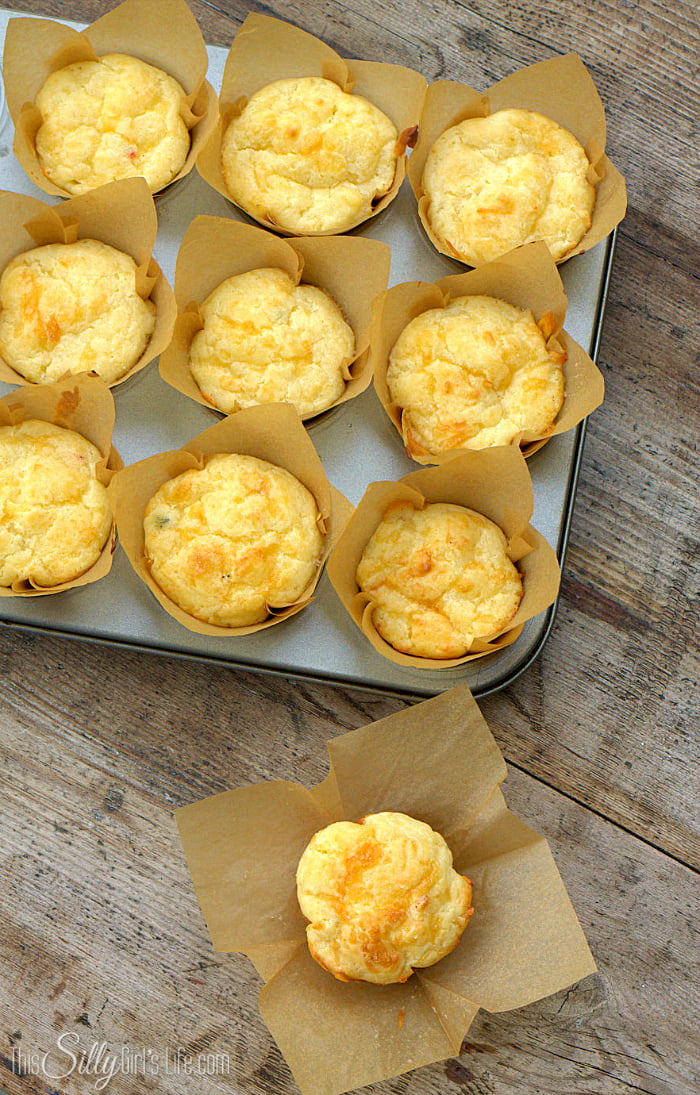 Pepper Jack Cheese Muffins, quick and easy tender, cheesy muffins with a hint of spice that will pair perfectly with almost any meal! - ThisSillyGirlsLife.com #PepperJack #CheeseMuffins