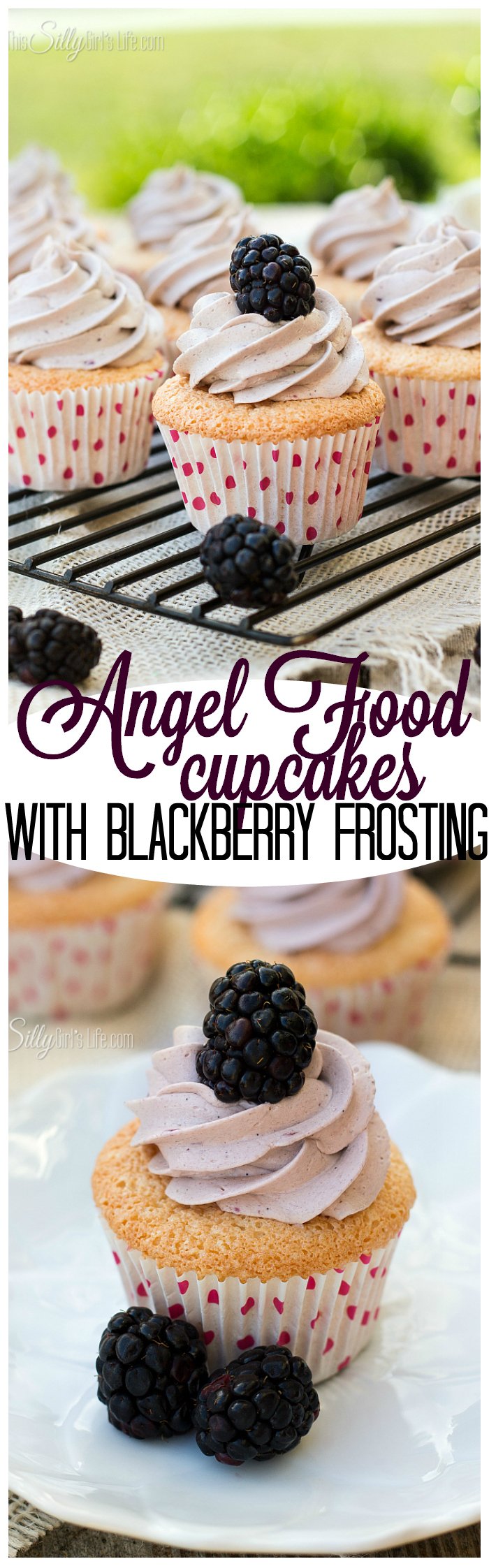 Angel Food Cupcakes with Blackberry Frosting, the lightest, airiest from scratch angel food cupcakes with sinfully sweet and smooth blackberry frosting. Hello, Summer! - ThisSillyGirlsLife.com