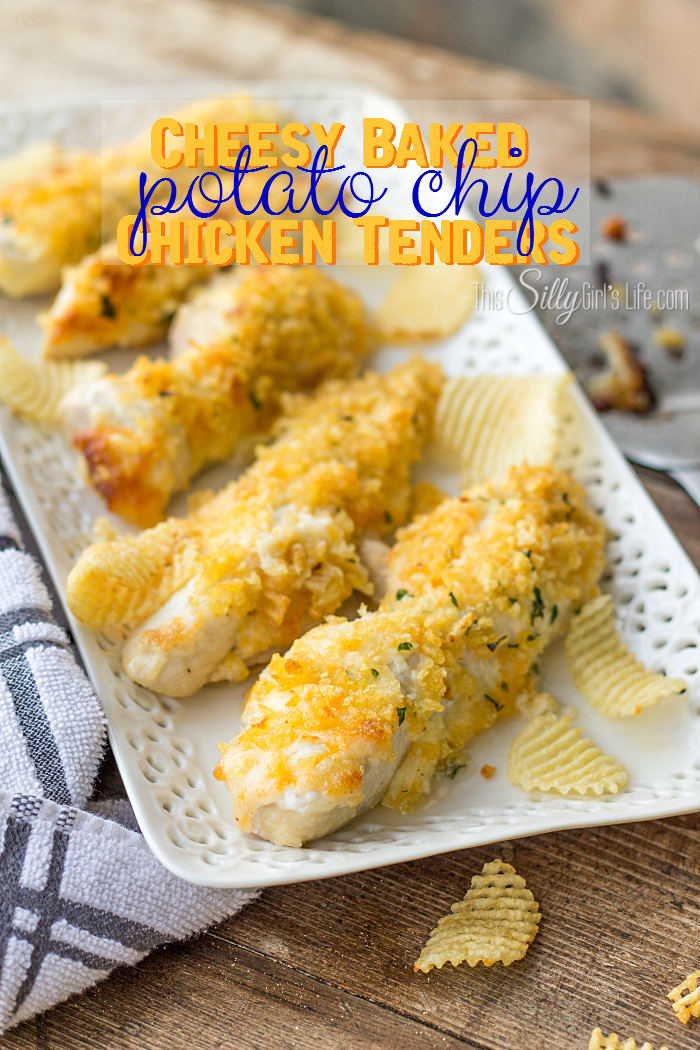 Cheesy Baked Potato Chip Chicken Tenders, a mixture of mayo, cheese and spices, smeared on tender chicken and topped with crispy potato chips, baked to delicious perfection! - ThisSillyGirlsLife.com #potatochipchicken #chickentenders #ChipLove AD