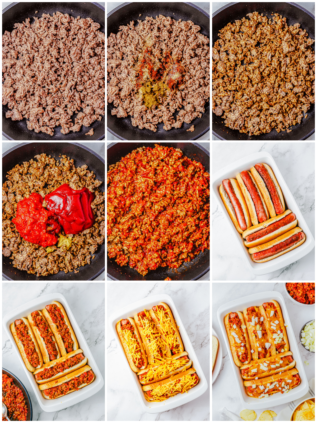 Step by step photos on how to make Chili Cheese Dogs