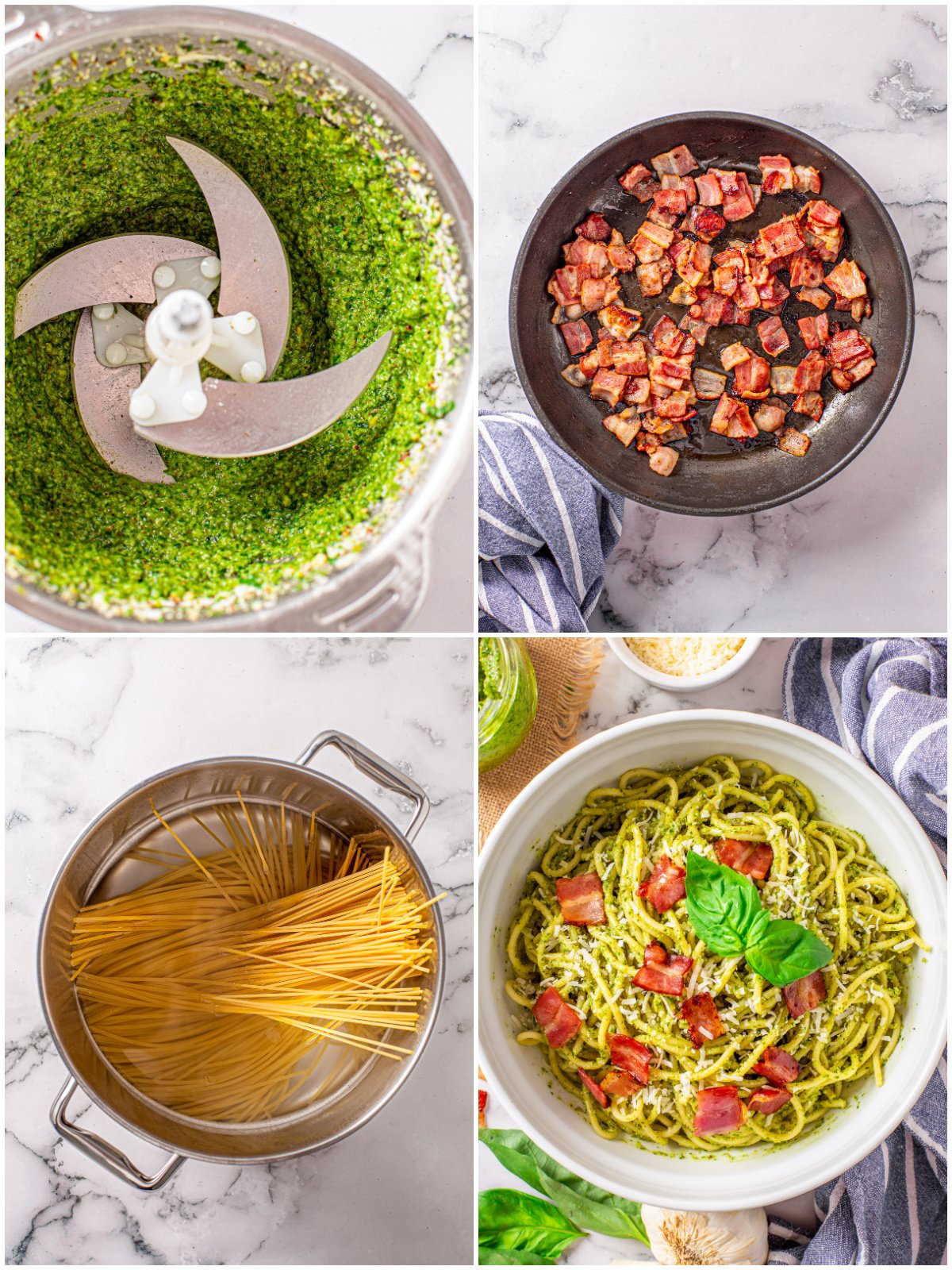 Step by step photos on how to make Bacon Pesto Pasta.