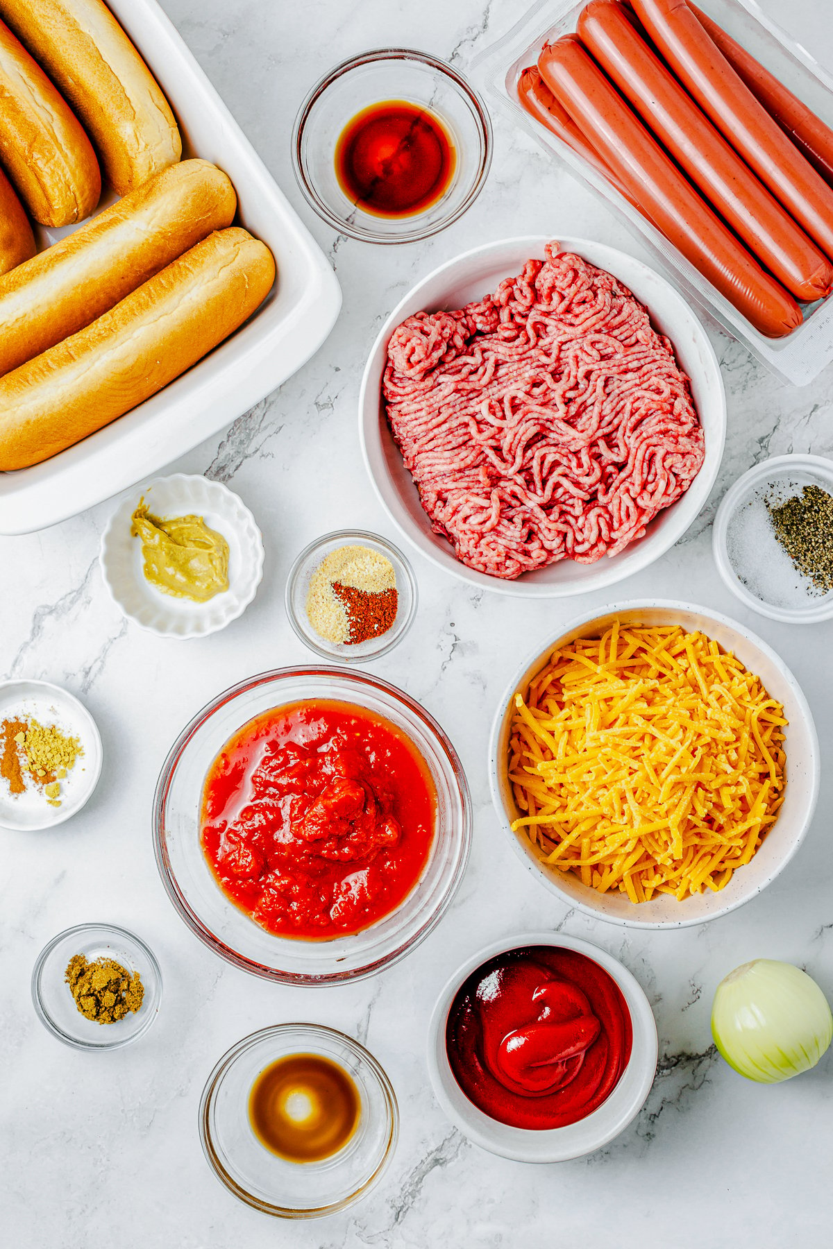 Ingredients needed to make Chili Cheese Dogs