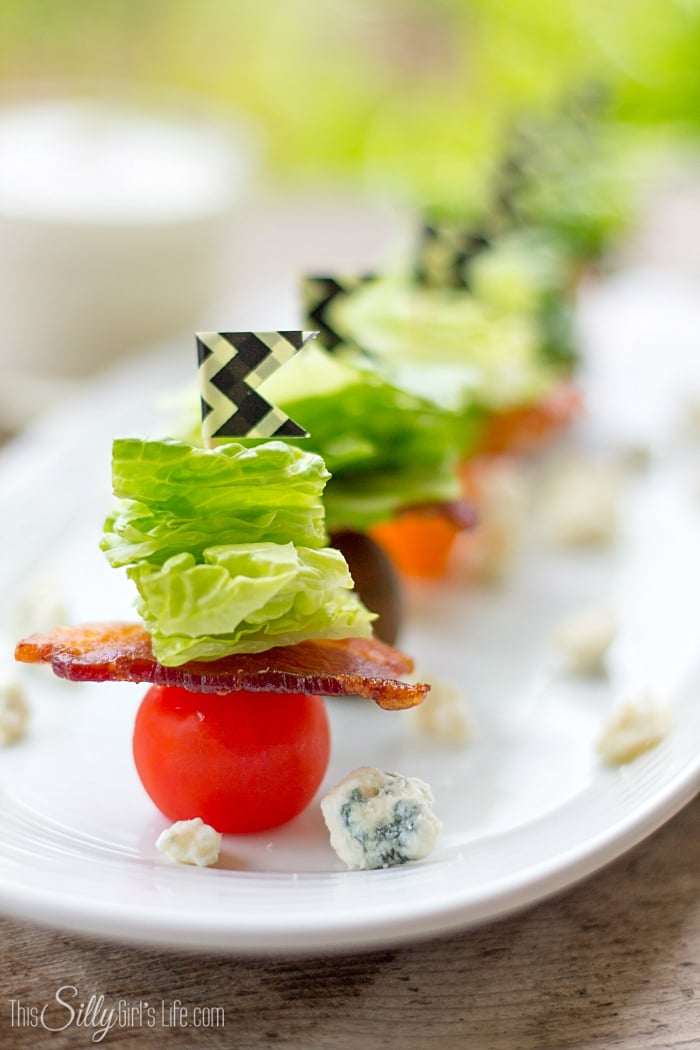 Wedge Salad Bites, the classic salad in bite size, with homemade blue cheese dressing! - ThisSillyGirlsLife.com #wedgesalad #bluecheesedressing #appetizer