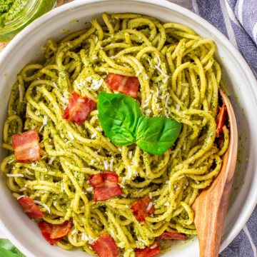 Bacon Pesto Pasta in bowl with spoon.