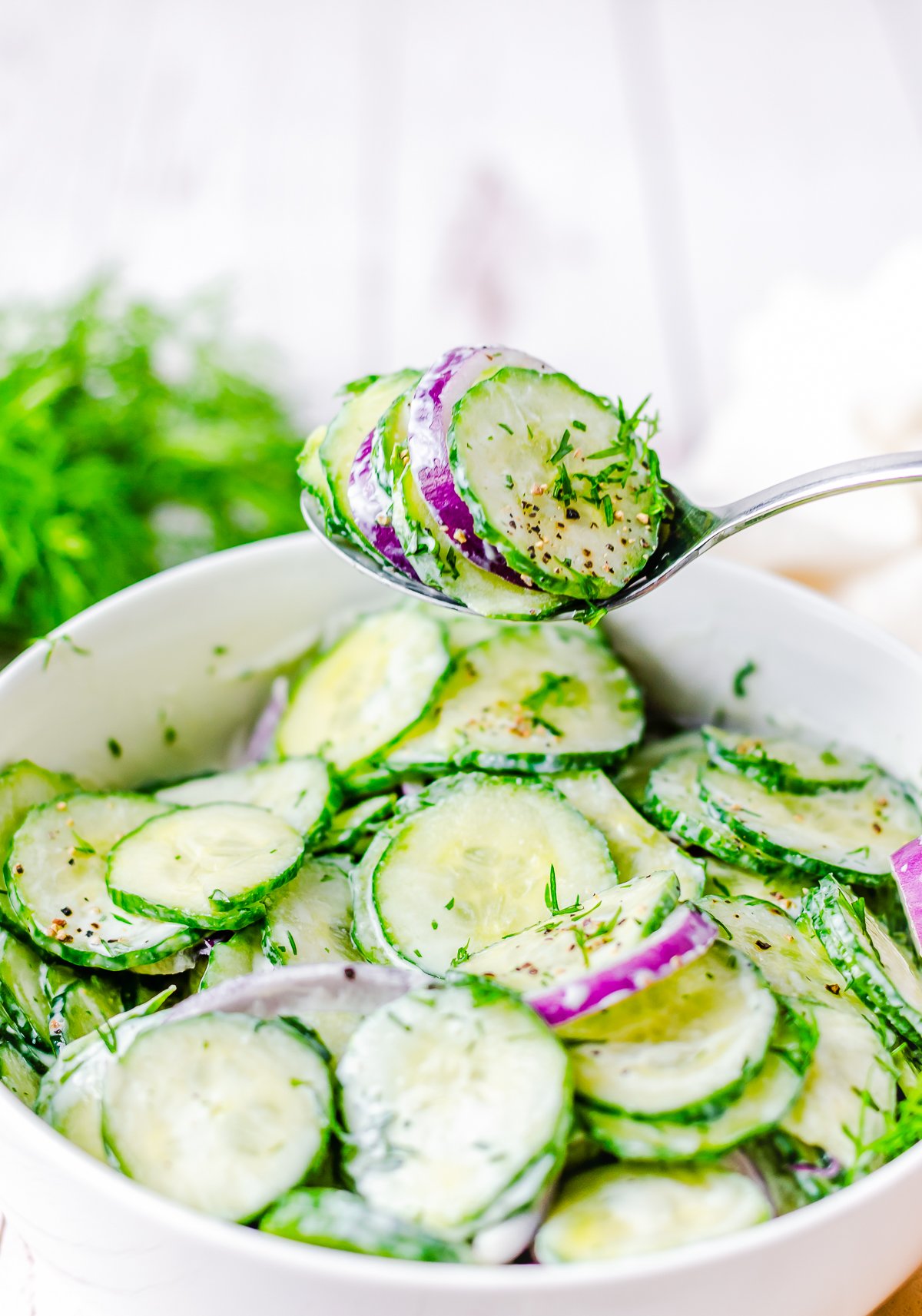 Dill Cucumber Salad being lifted up by spoon out of bowl