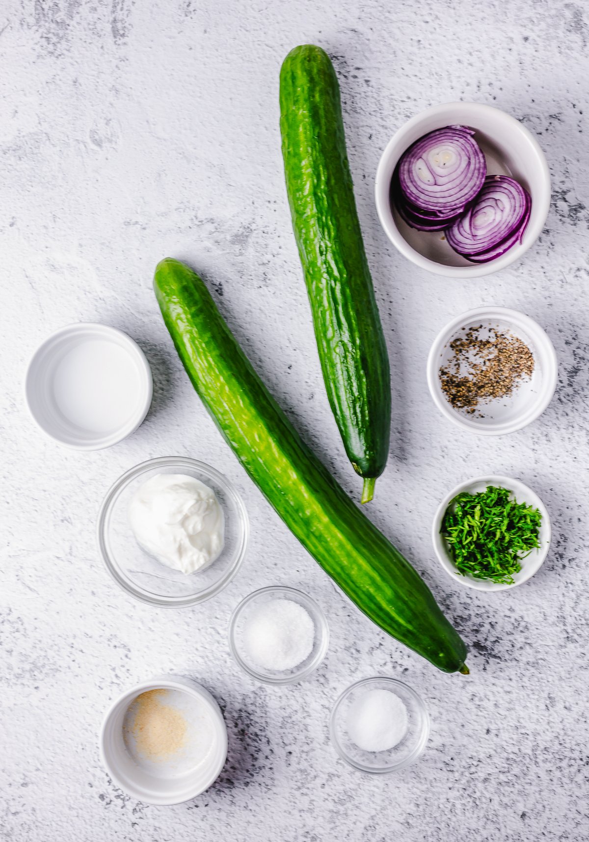 Ingredients needed to make a Dill Cucumber Salad