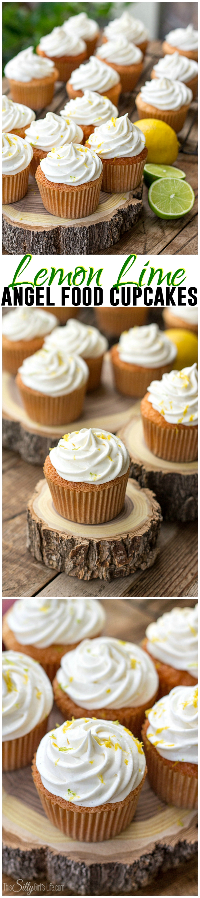Lemon Lime Angel Food Cupcakes, light as air homemade angel food cupcakes and whipped frosting, flavored with lemon and lime zest! - ThisSillyGirlsLife.com #angelfood #whippedfrosting #lemonlime