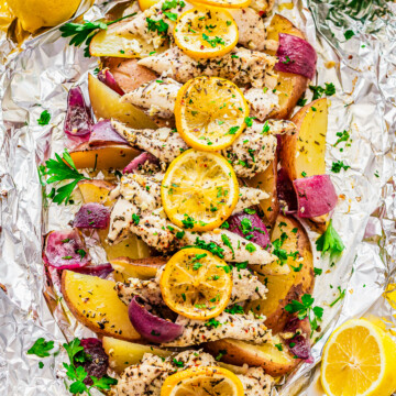 Overhead image of Italian Lemon Chicken Foil Packet out of oven.