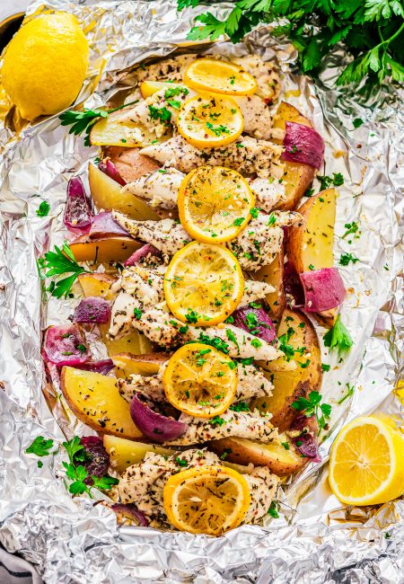 Overhead image of Italian Lemon Chicken Foil Packet out of oven.