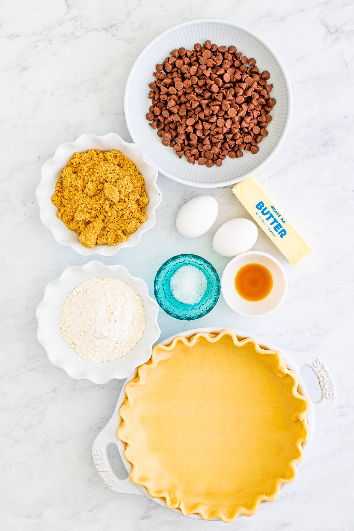 Ingredients needed to make a Chocolate Chip Cookie PIe.