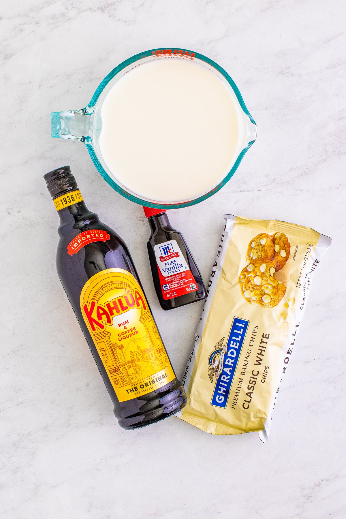Ingredients needed to make Boozy White Hot Chocolate.