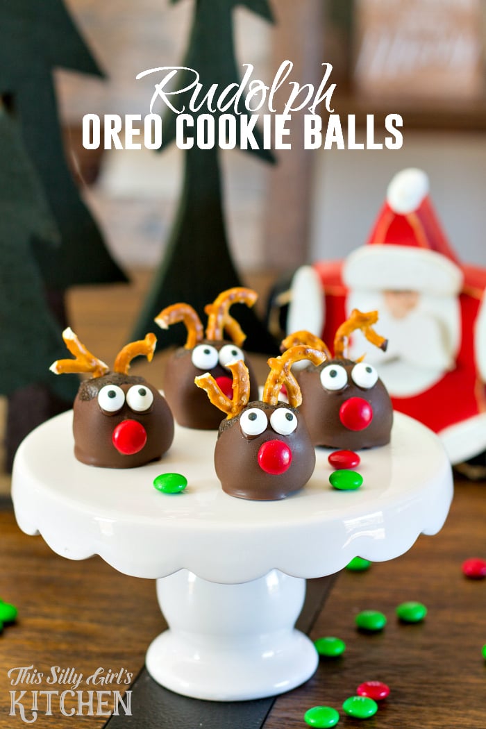 Rudolph Oreo Cookie Balls, fun and festive, made with mint Oreos for an extra holiday twist! from ThisSillyGirlsLife.com #oreocookieballs
