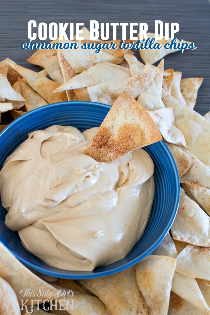 Cookie Butter Dip, luscious and creamy dip served with cinnamon sugar tortilla chips! from ThisSillyGirlsLife.com #gotortillaland #partyfood #ad