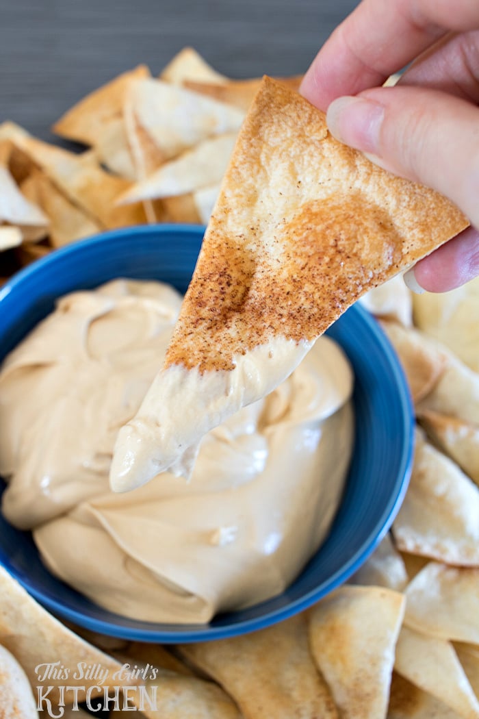 Cookie Butter Dip, luscious and creamy dip served with cinnamon sugar tortilla chips! from ThisSillyGirlsLife.com #gotortillaland #partyfood #ad