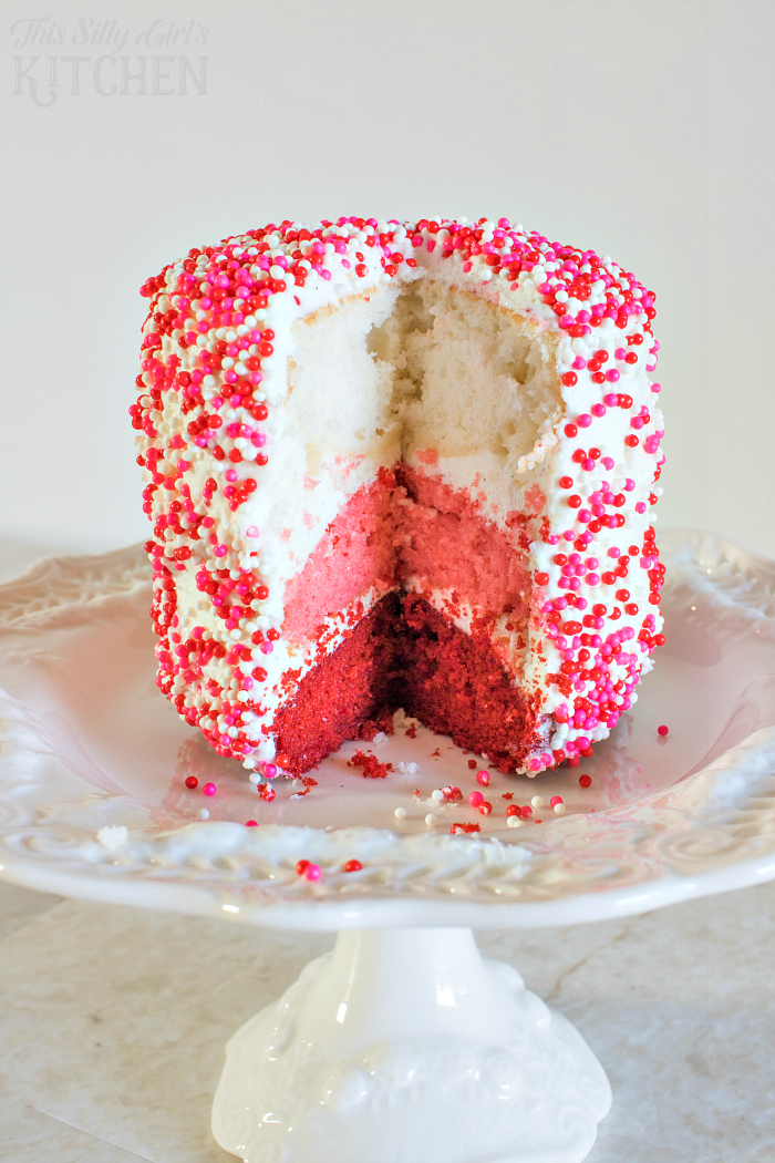 Mini Ombre Sprinkle Cakes, super cute and perfect for Valentine's Day! from https://ThisSillyGirlsLife.com #sprinklecake #ValentinesDay #ombre