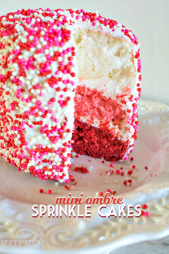 Mini Ombre Sprinkle Cakes, super cute and perfect for Valentine's Day! from https://ThisSillyGirlsLife.com #sprinklecake #ValentinesDay #ombre