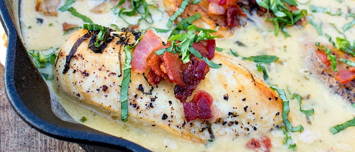 One Skillet Chicken with Creamy Basil Bacon Sauce