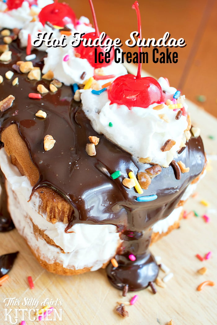 Hot Fudge Sundae Ice Cream Cake, layers of vanilla ice cream between pound cake, topped with classic sundae toppings! from ThisSillyGirlsLife.com #ad