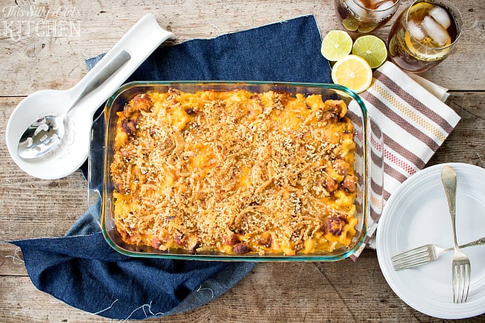 Chili Cheese Dog Mac and Cheese, classic baked mac and cheese is kicked up 10 notches with the addition of grilled Ball Park® Hot Dogs, chili and crispy fried onions! from ThisSillyGirlsLife.com #GrillLegendary AD