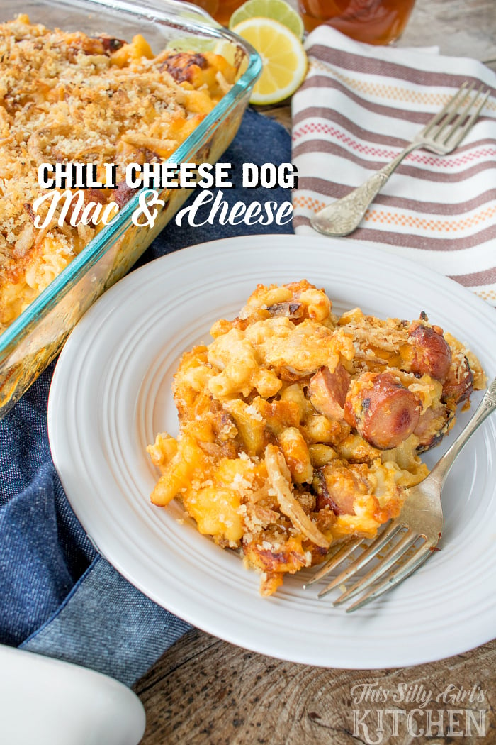 Chili Cheese Dog Mac and Cheese, classic baked mac and cheese is kicked up 10 notches with the addition of grilled Ball Park® Hot Dogs, chili and crispy fried onions! from ThisSillyGirlsLife.com #GrillLegendary AD