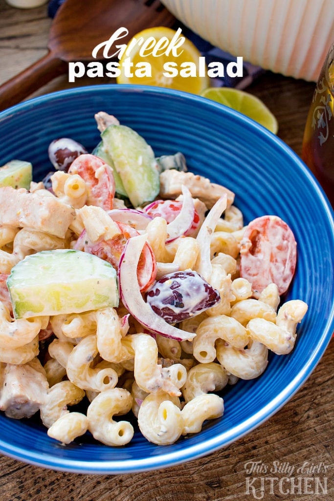 Creamy Greek Pasta Salad, loaded with veggies, grilled chicken and feta, tossed in a tangy yogurt sauce and served with citrus infused tea, the perfect summer meal! from ThisSillyGirlsLife.com #SummerTastes AD
