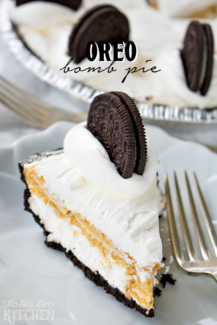 No Bake Oreo Pie on white plate with fork
