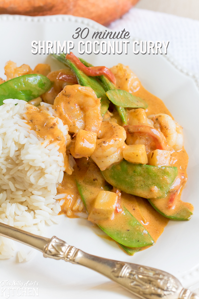 30 Minute Shrimp Coconut Curry, a quick and easy curry using shrimp, coconut milk and veggies! from ThisSillyGirlsKitchen.com #RiceMonthwithMinute AD